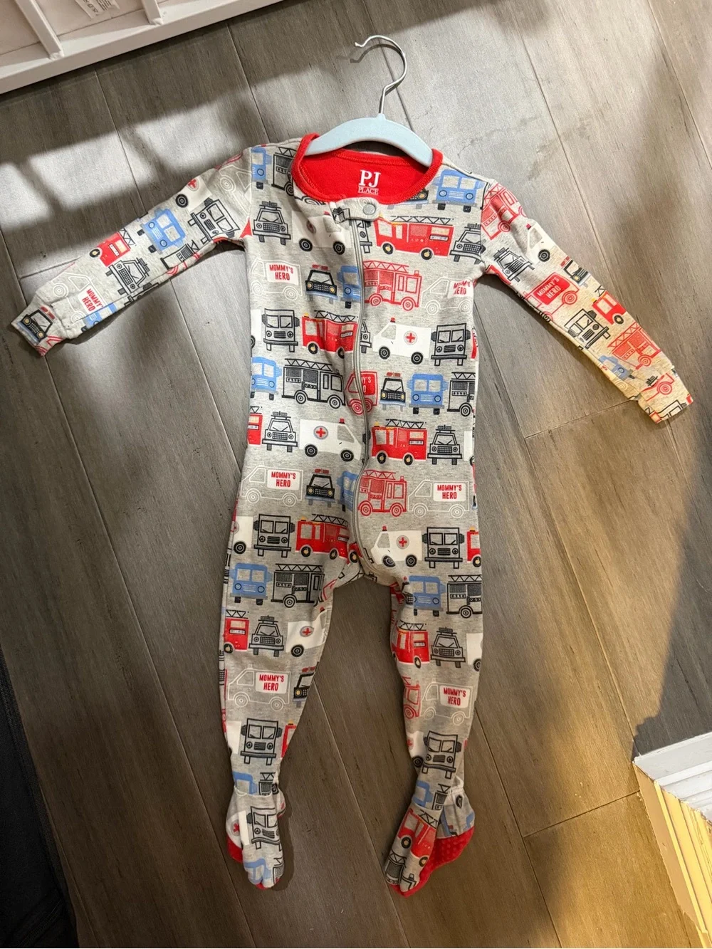 PJ Basics Toddler Footed One-Piece in Gray with Red & Blue Rescue Trucks